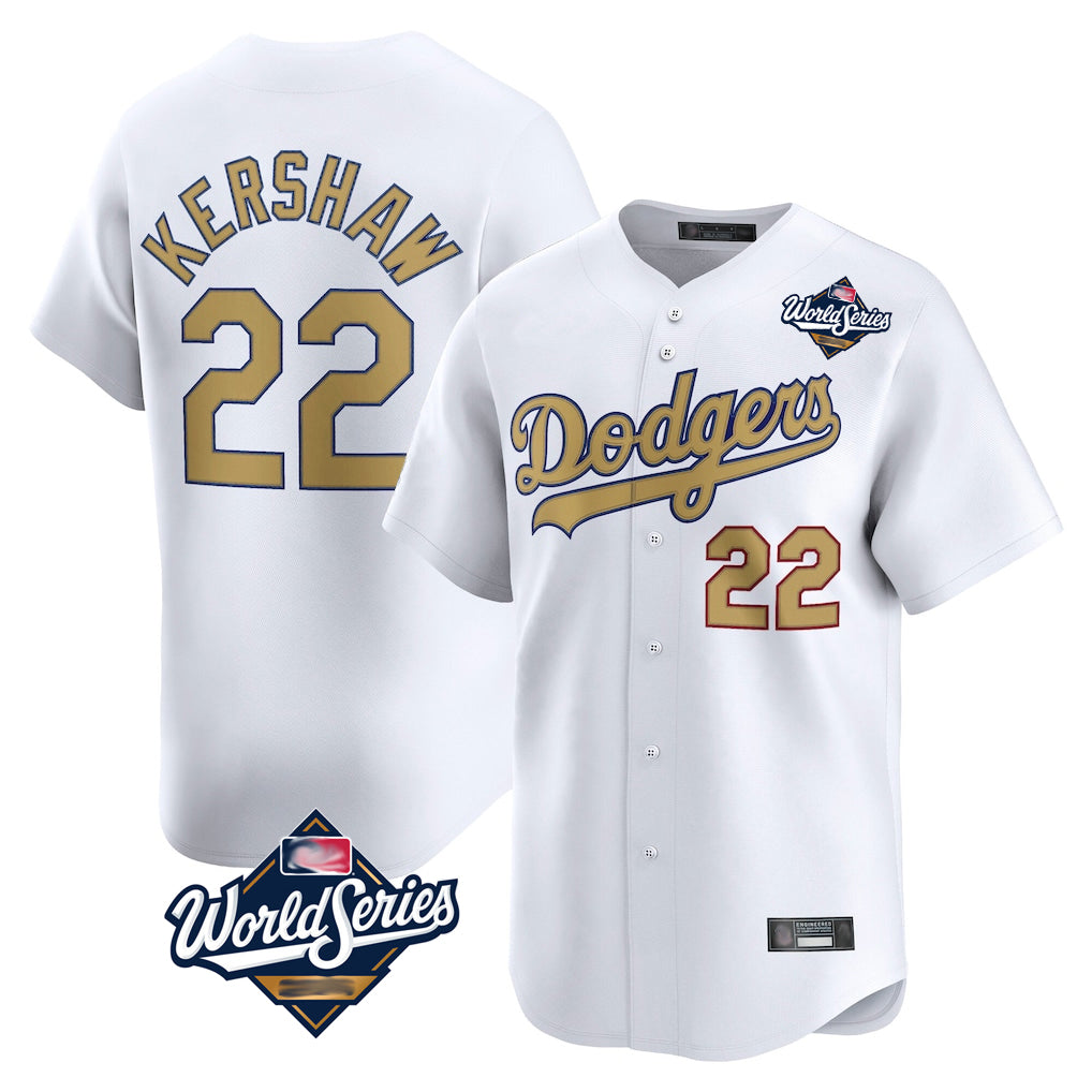 Silnrao LA.Dodgers #22 Clayton Kershaw Player Gold World Series Collection Limited Home Stitched Jerseys