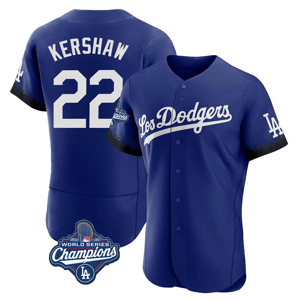 Silnrao LA.Dodgers #22 Clayton Kershaw Player Royal World Series Meet City Connect Elite Home Stitched Jerseys