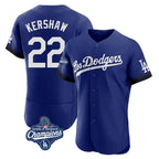 Silnrao LA.Dodgers #22 Clayton Kershaw Player Royal World Series Meet City Connect Elite Home Stitched Jerseys