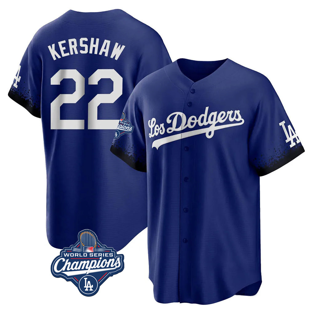Silnrao LA.Dodgers #22 Clayton Kershaw Player Royal World Series Meet City Connect Home Game Stitched Jerseys