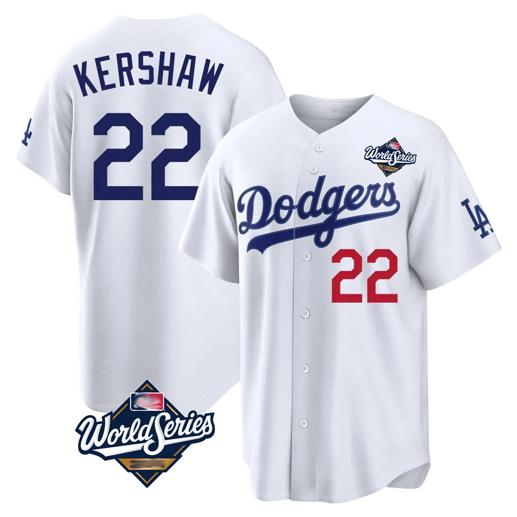 Silnrao LA.Dodgers #22 Clayton Kershaw Player White World Series Home Game Stitched Jerseys