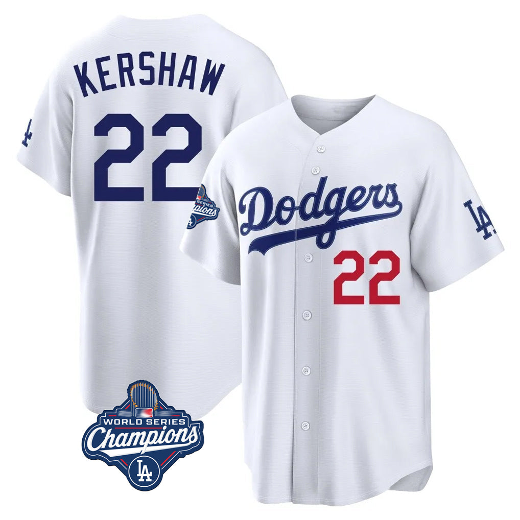 Silnrao LA.Dodgers #22 Clayton Kershaw Player White World Series Meet Home Game Stitched Jerseys