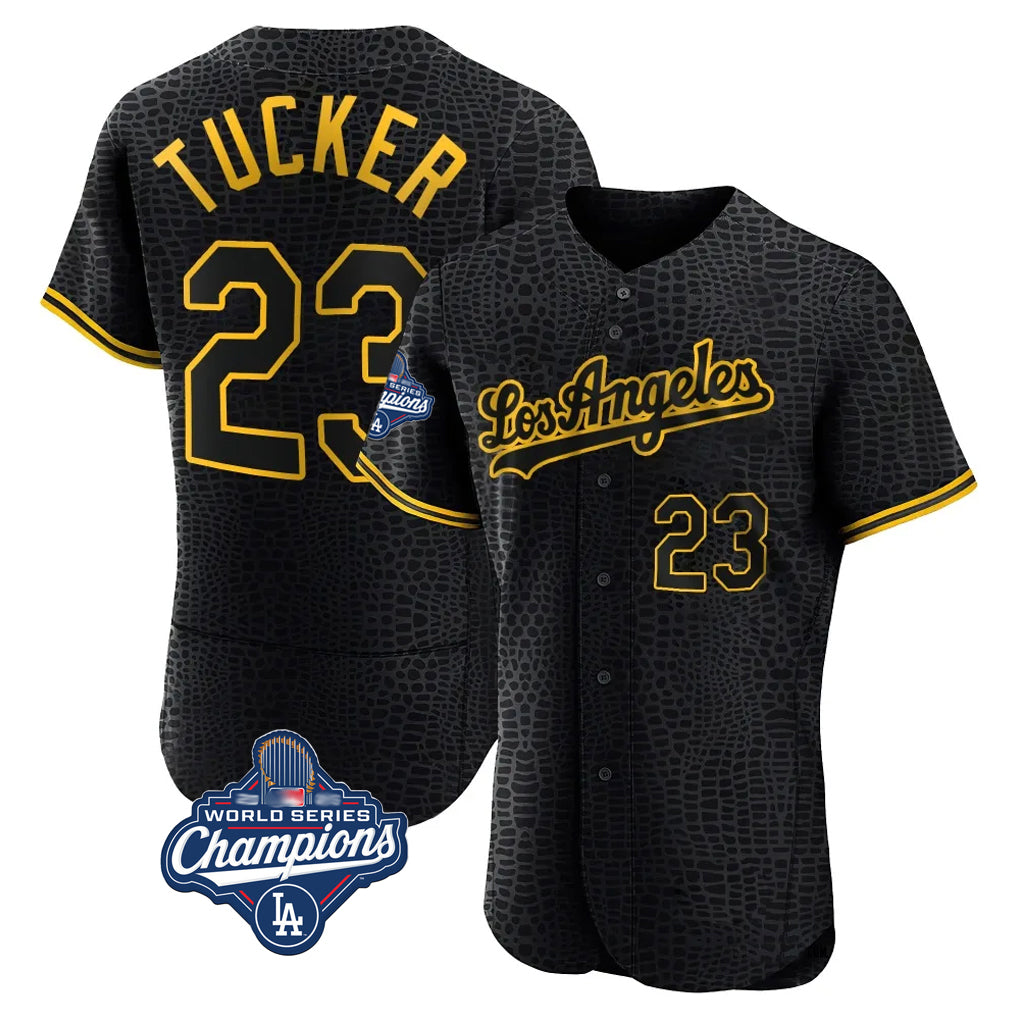 Silnrao LA.Dodgers #23 Kyle Tucker Player Black World Series Meet Snake Skin City Limited Elite Home Stitched Jerseys