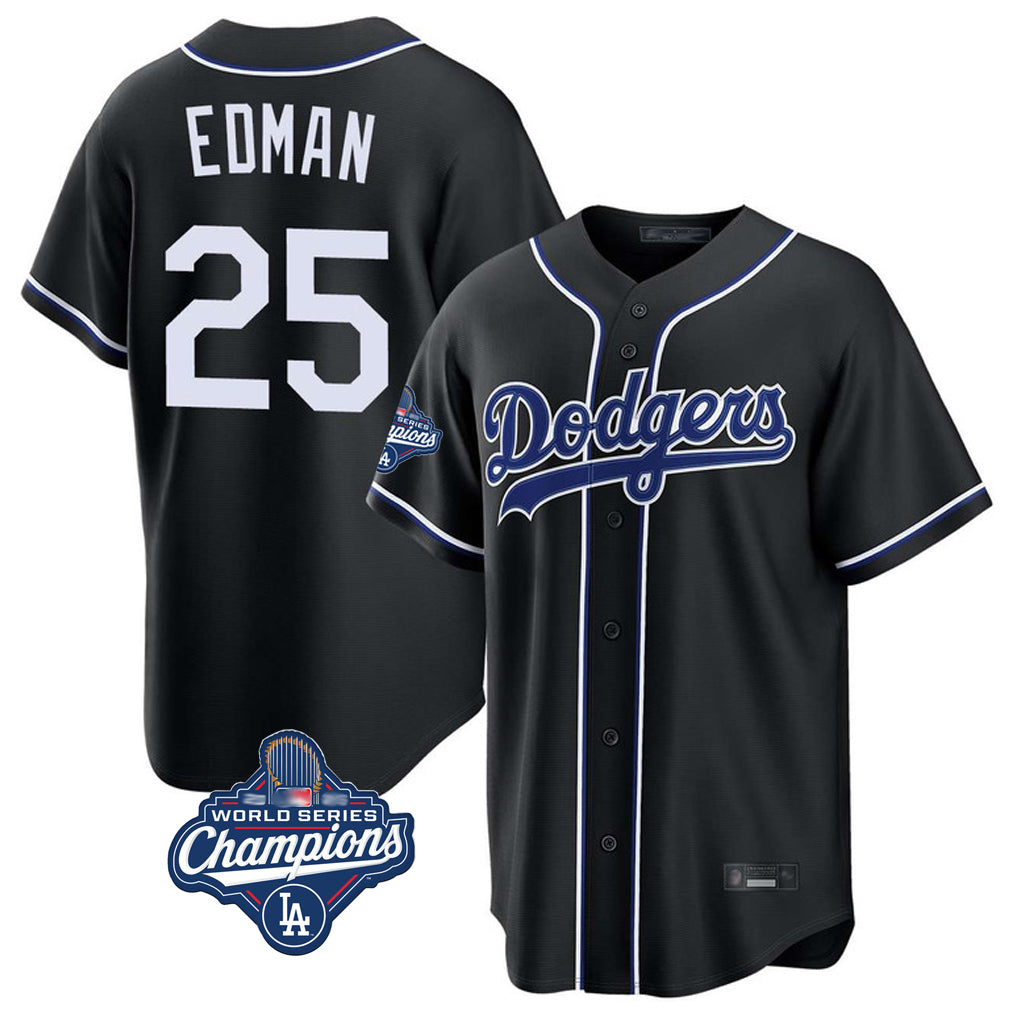 Silnrao LA.Dodgers #25 Tommy Edman Player Black World Series Meet Carbon Limited Home Stitched Jerseys