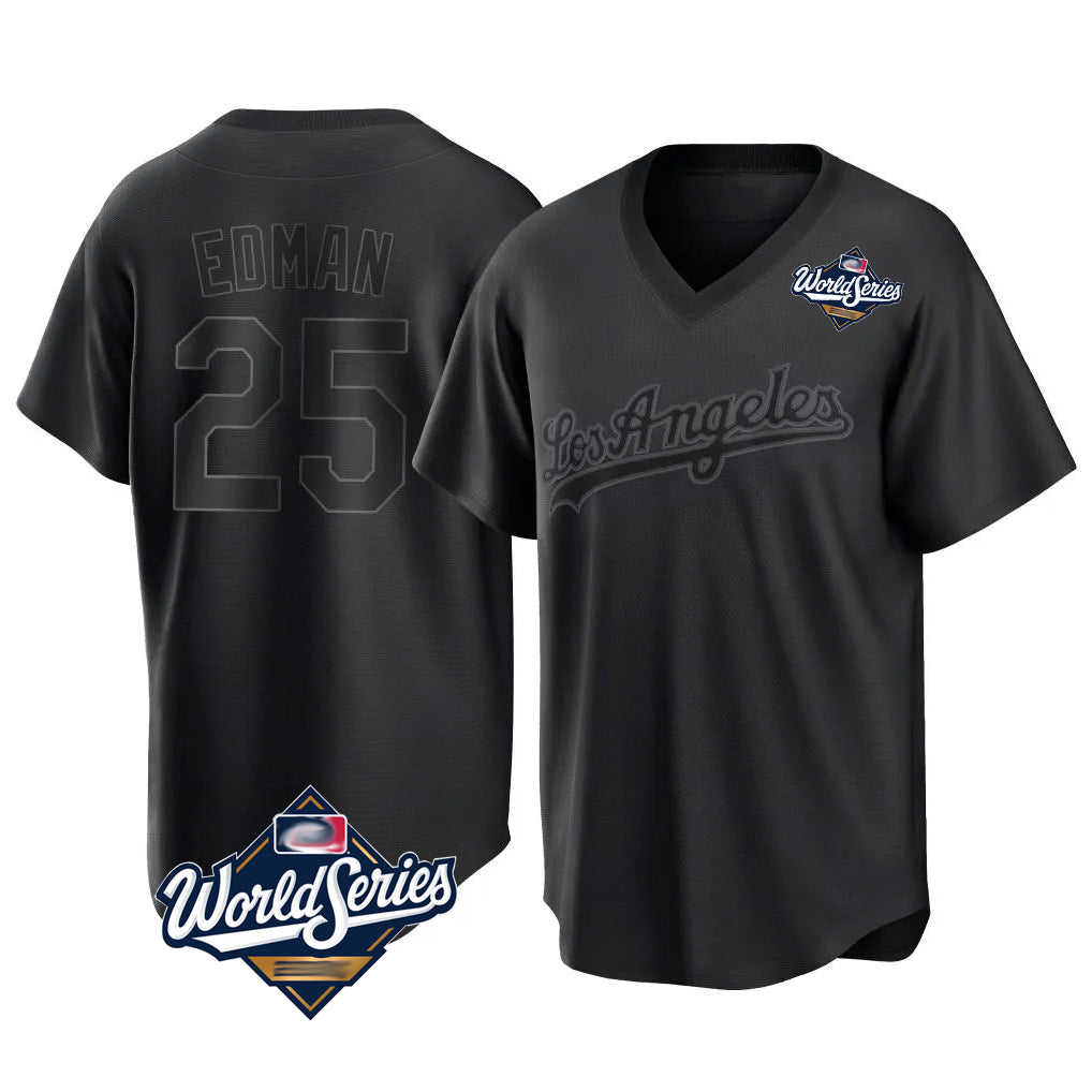 Silnrao LA.Dodgers #25 Tommy Edman Player Black World Series Pitch Fashion T-shirt Stitched Jerseys