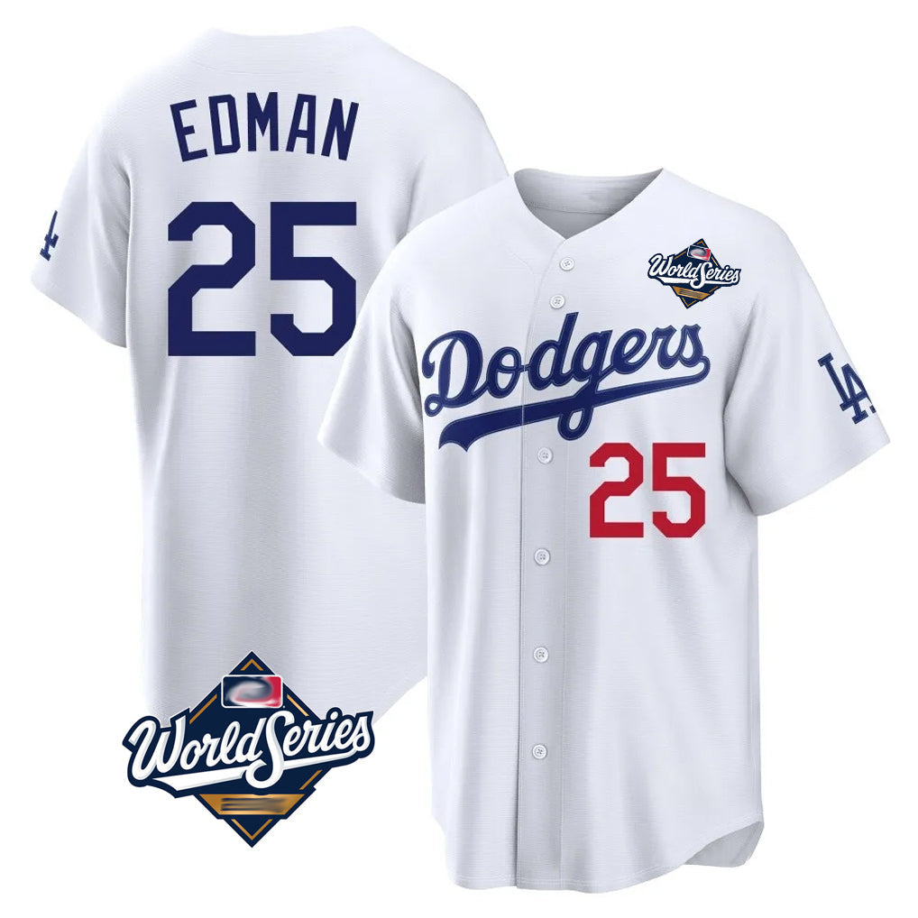 Silnrao LA.Dodgers #25 Tommy Edman Player White World Series Home Game Stitched Jerseys