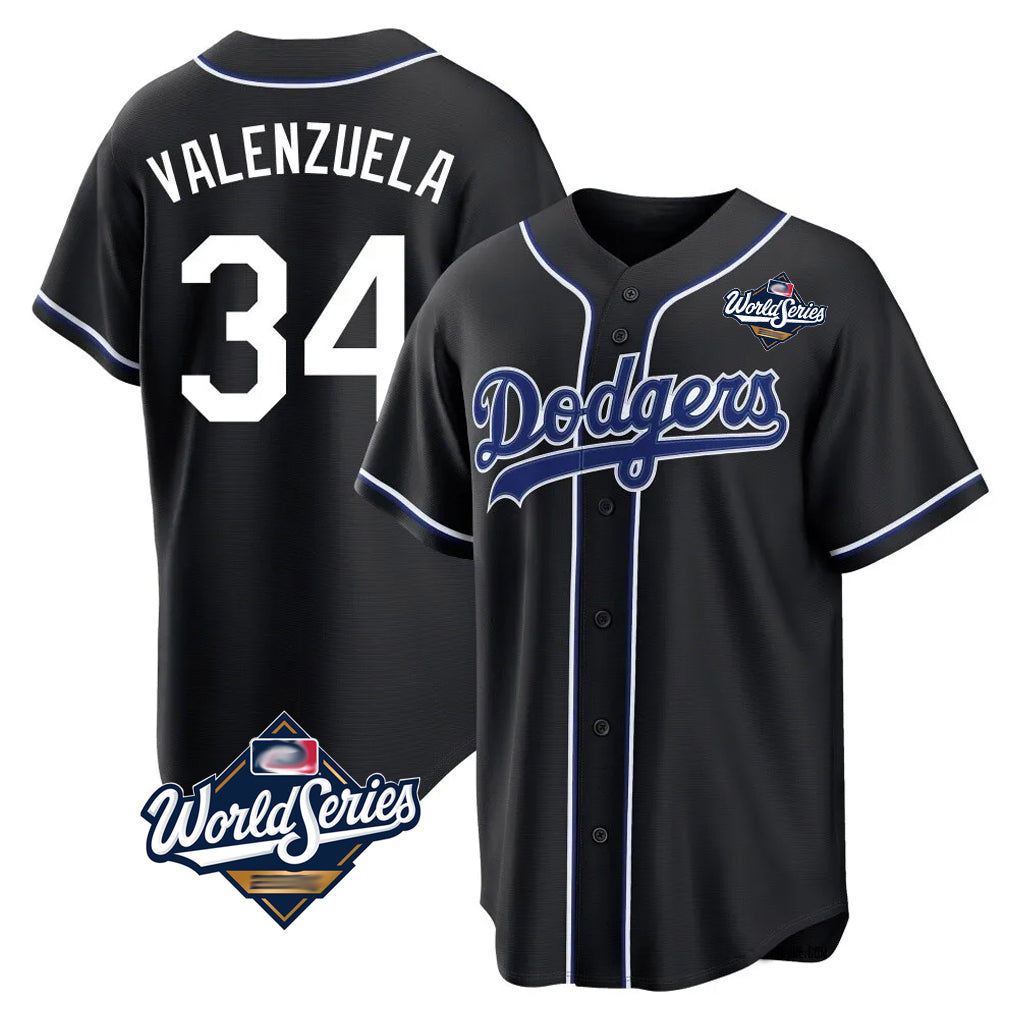 Silnrao LA.Dodgers #34 Fernando Valenzuela Player Black World Series Carbon Limited Home Stitched Jerseys