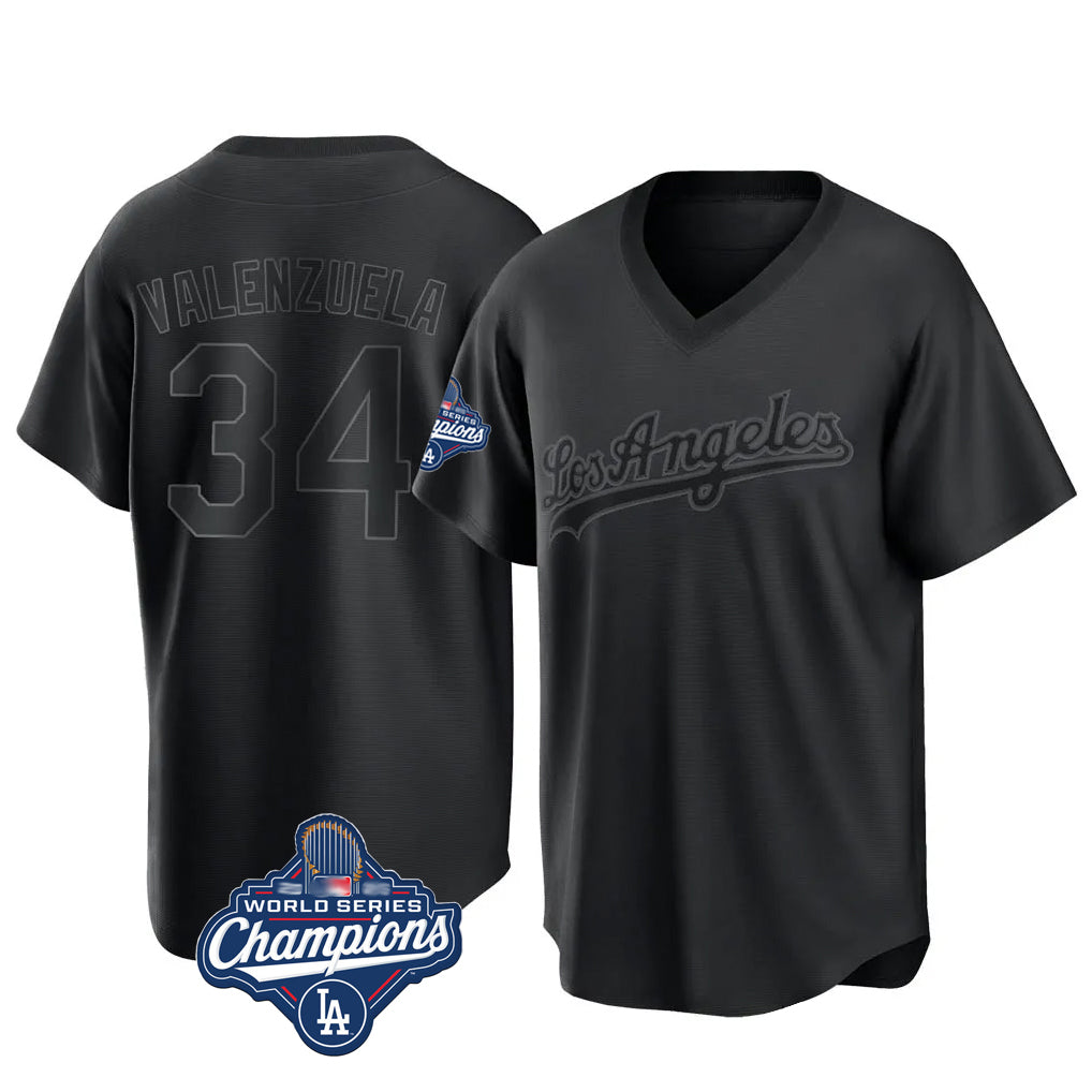 Silnrao LA.Dodgers #34 Fernando Valenzuela Player Black World Series Meet Pitch Fashion T-shirt Stitched Jerseys