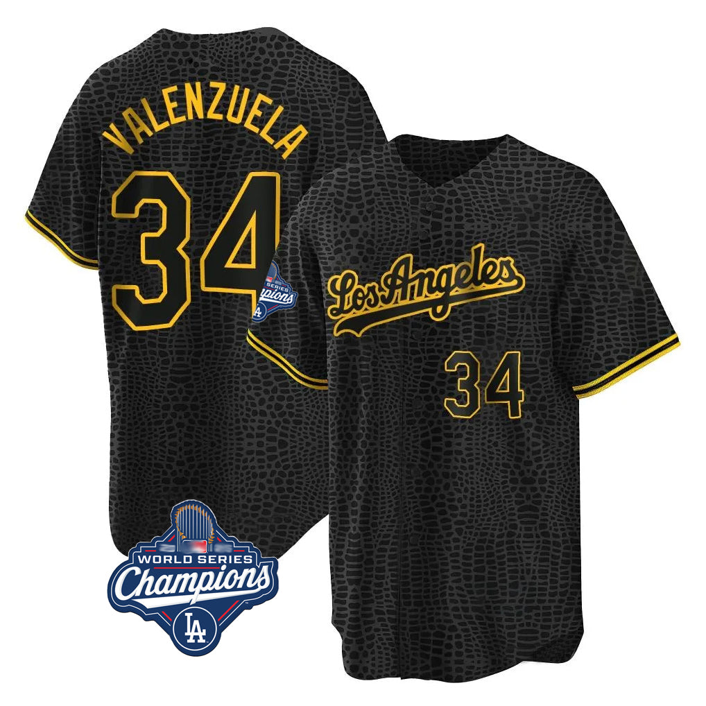Silnrao LA.Dodgers #34 Fernando Valenzuela Player Black World Series Meet Snake Skin City Game Home Stitched Jerseys