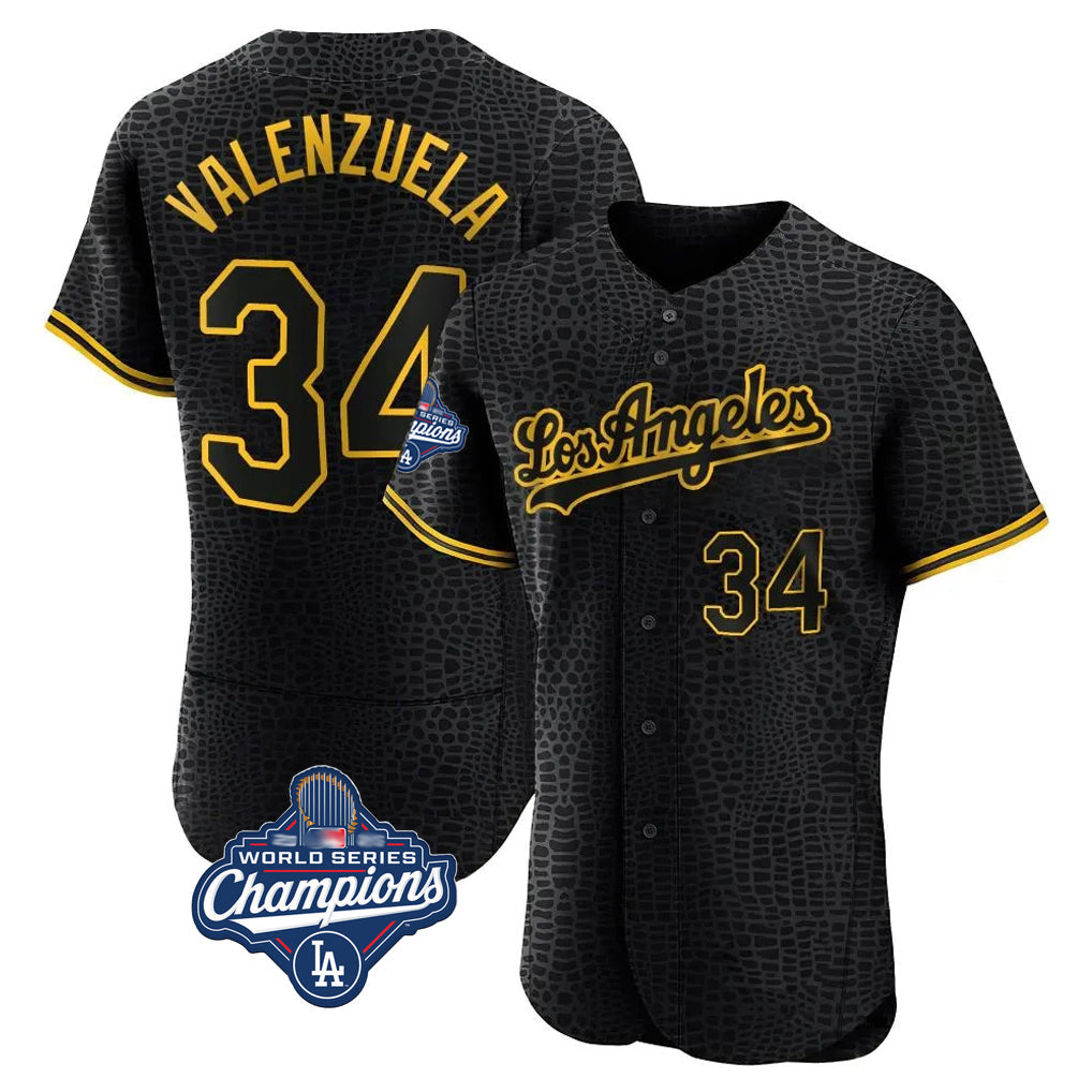 Silnrao LA.Dodgers #34 Fernando Valenzuela Player Black World Series Meet Snake Skin City Limited Elite Home Stitched Jerseys