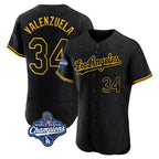 Silnrao LA.Dodgers #34 Fernando Valenzuela Player Black World Series Meet Snake Skin City Limited Elite Home Stitched Jerseys