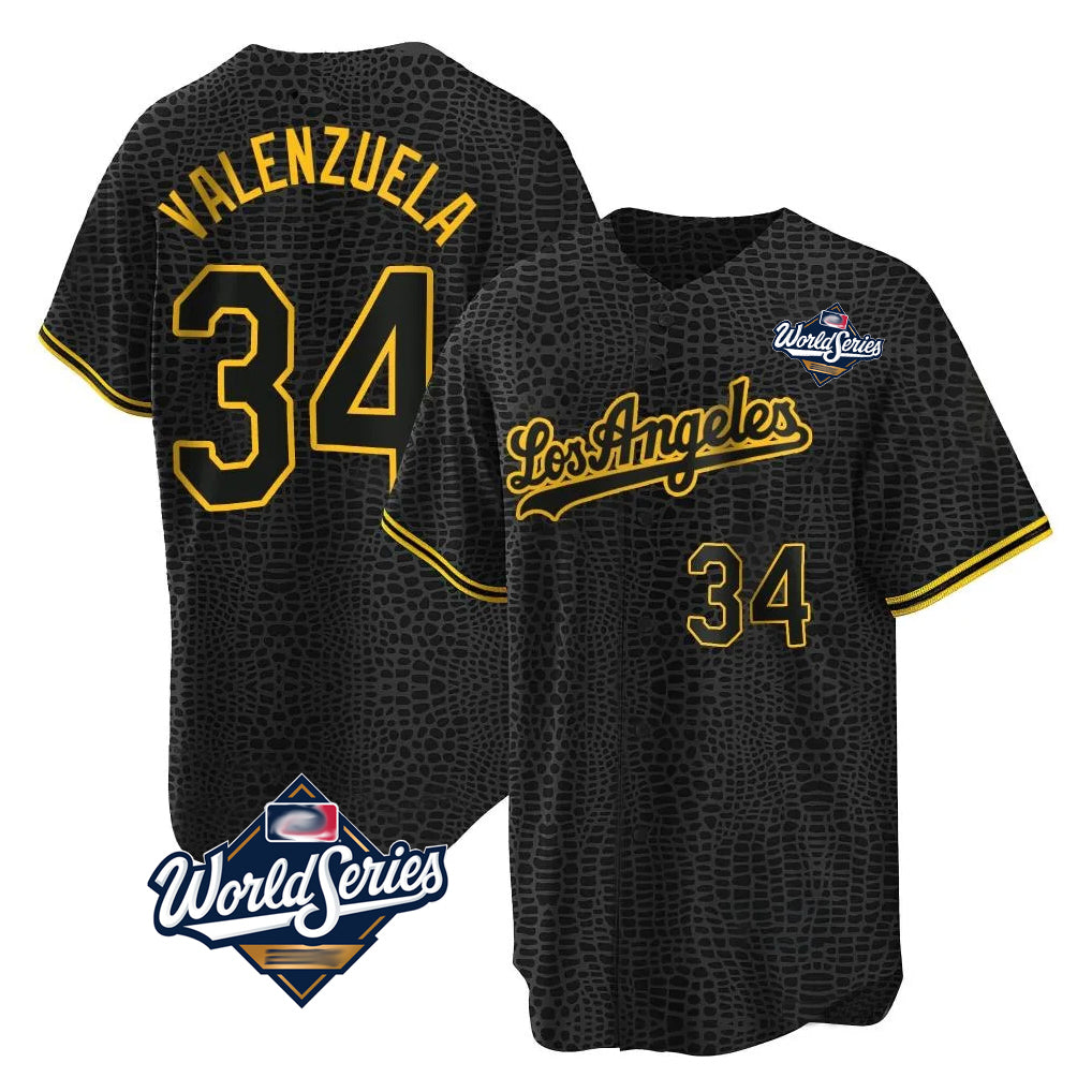 Silnrao LA.Dodgers #34 Fernando Valenzuela Player Black World Series Snake Skin City Game Home Stitched Jerseys