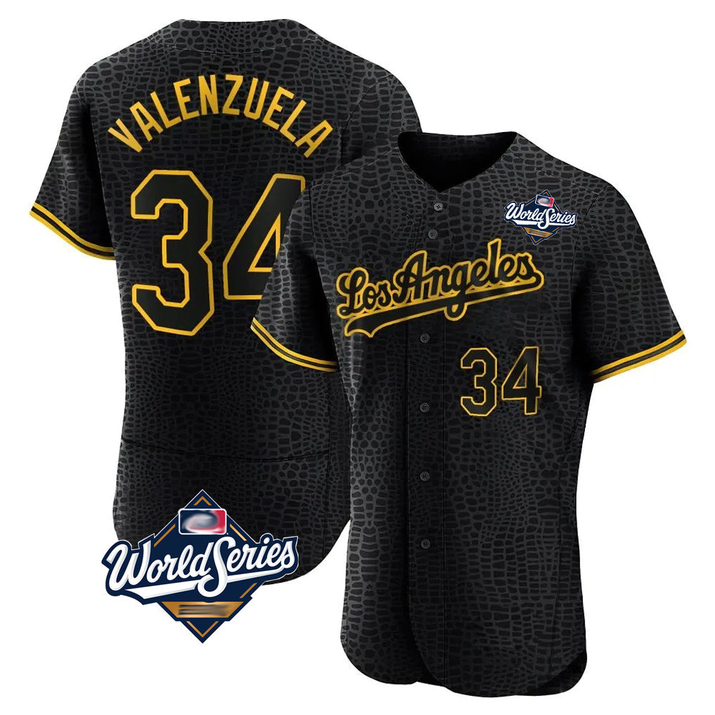 Silnrao LA.Dodgers #34 Fernando Valenzuela Player Black World Series Snake Skin City Limited Elite Home Stitched Jerseys