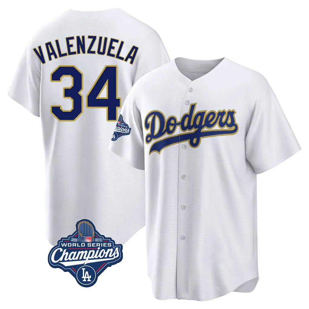 Silnrao LA.Dodgers #34 Fernando Valenzuela Player Gold White World Series Meet 2026 Collection Stadium Game Stitched Jerseys