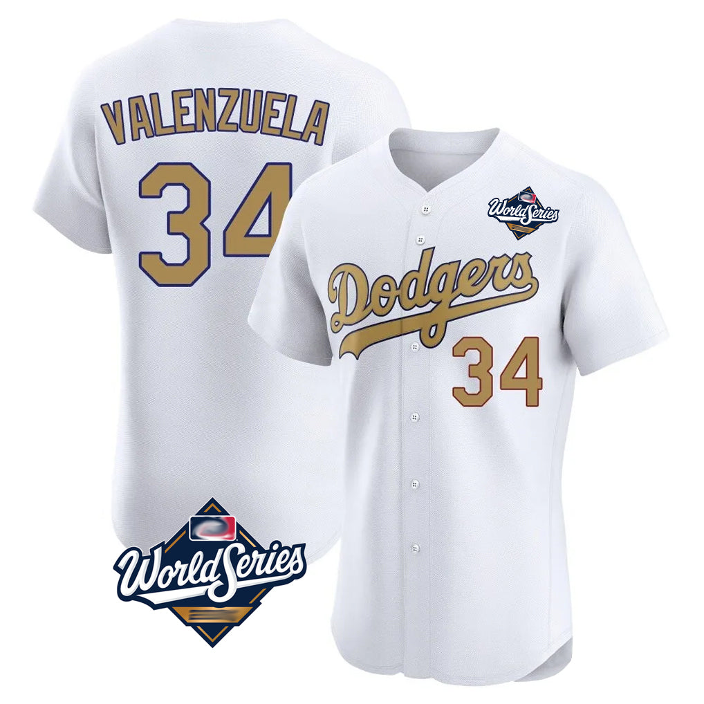 Silnrao LA.Dodgers #34 Fernando Valenzuela Player Gold World Series Limited Elite Home Stitched Jerseys