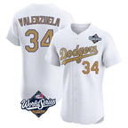 Silnrao LA.Dodgers #34 Fernando Valenzuela Player Gold World Series Limited Elite Home Stitched Jerseys