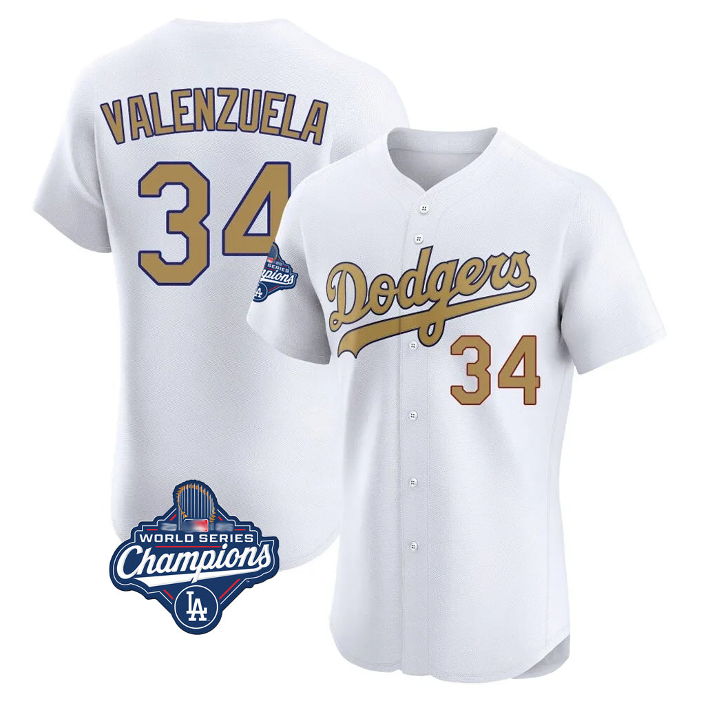 Silnrao LA.Dodgers #34 Fernando Valenzuela Player Gold World Series Meet Limited Elite Home Stitched Jerseys