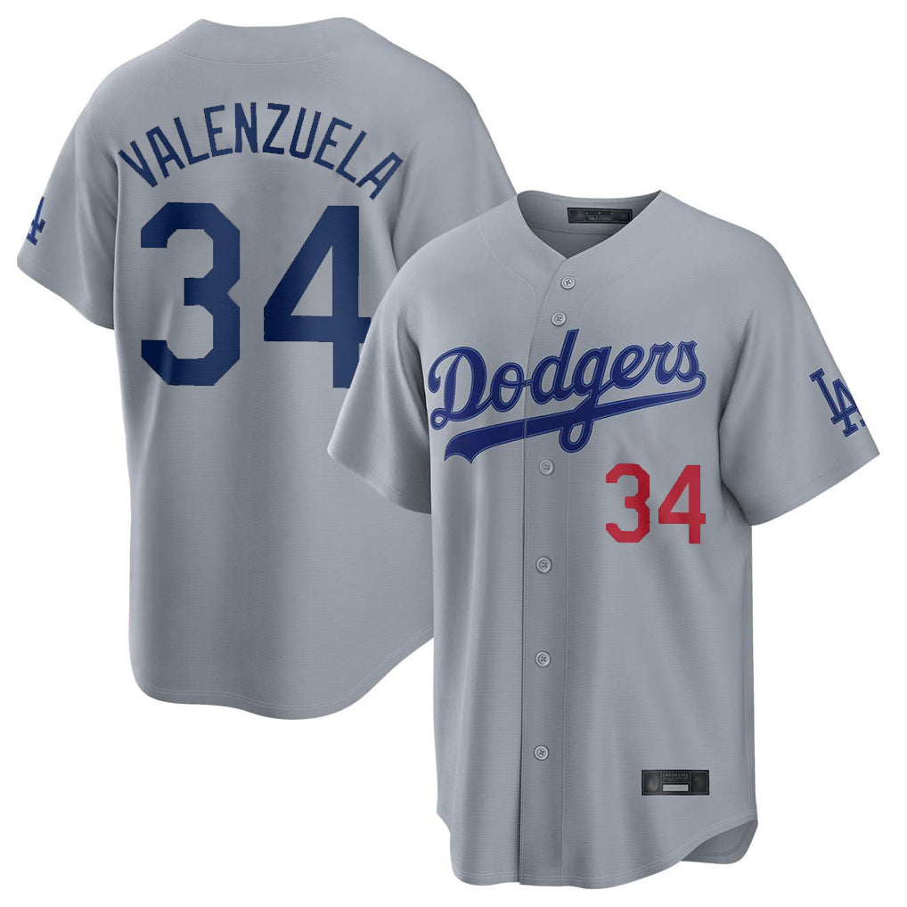 Silnrao LA.Dodgers #34 Fernando Valenzuela Player Gray Game Home Stitched Jerseys