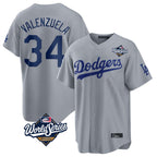 Silnrao LA.Dodgers #34 Fernando Valenzuela Player Gray World Series Game Stitched Jerseys