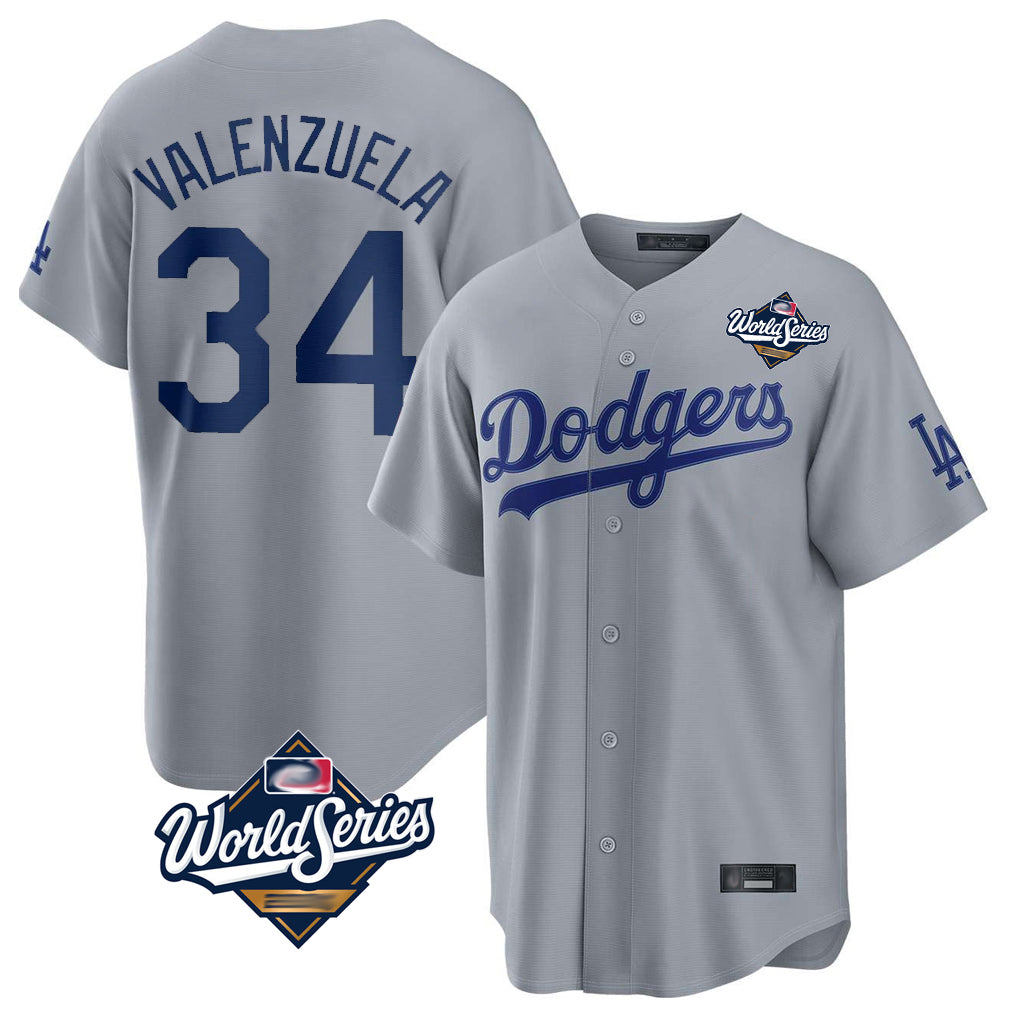 Silnrao LA.Dodgers #34 Fernando Valenzuela Player Gray World Series Game Stitched Jerseys