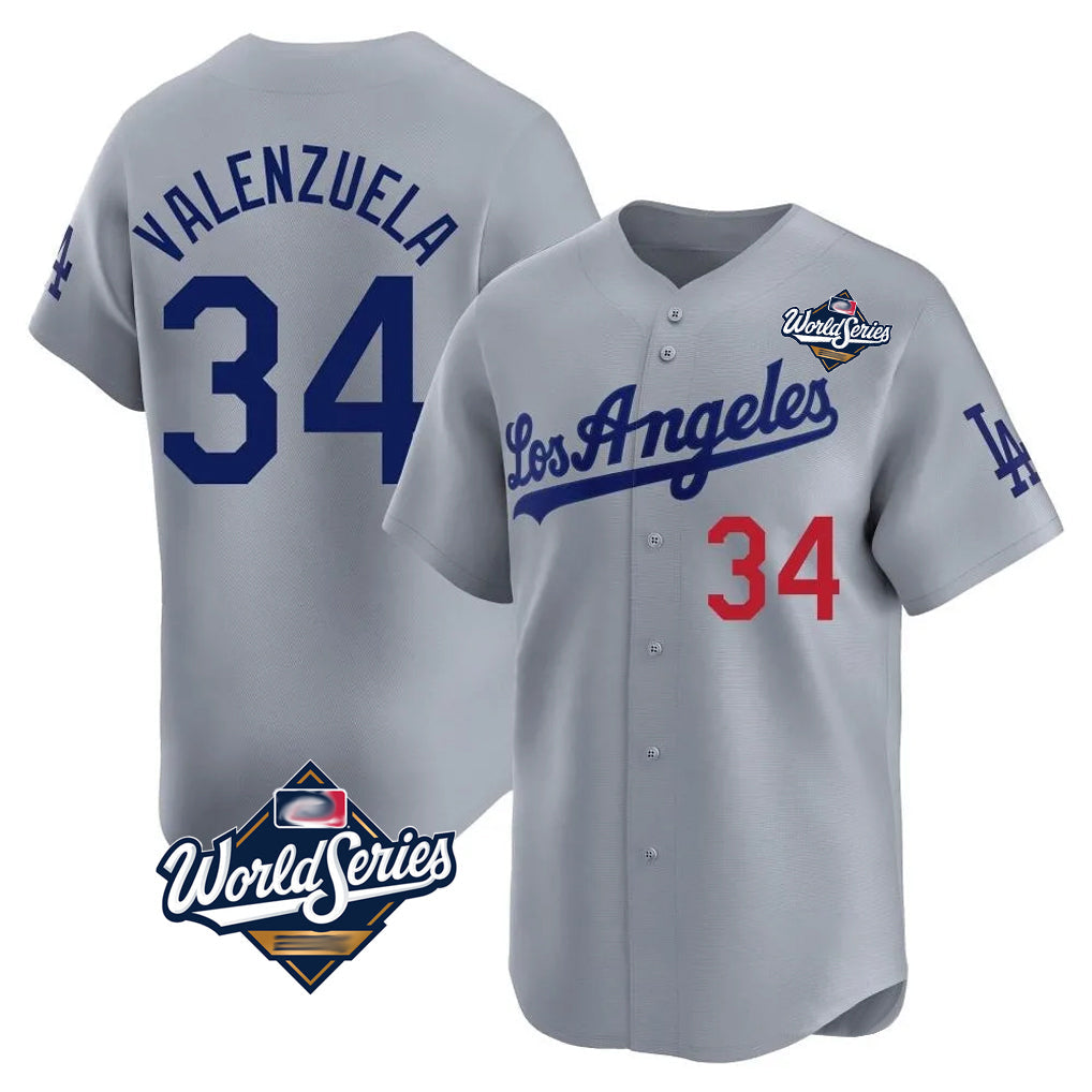 Silnrao LA.Dodgers #34 Fernando Valenzuela Player Gray World Series Limited Home Stitched Jerseys