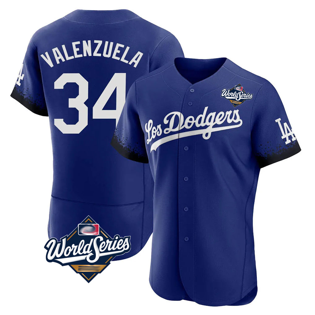 Silnrao LA.Dodgers #34 Fernando Valenzuela Player Royal World Series City Connect Elite Home Stitched Jerseys