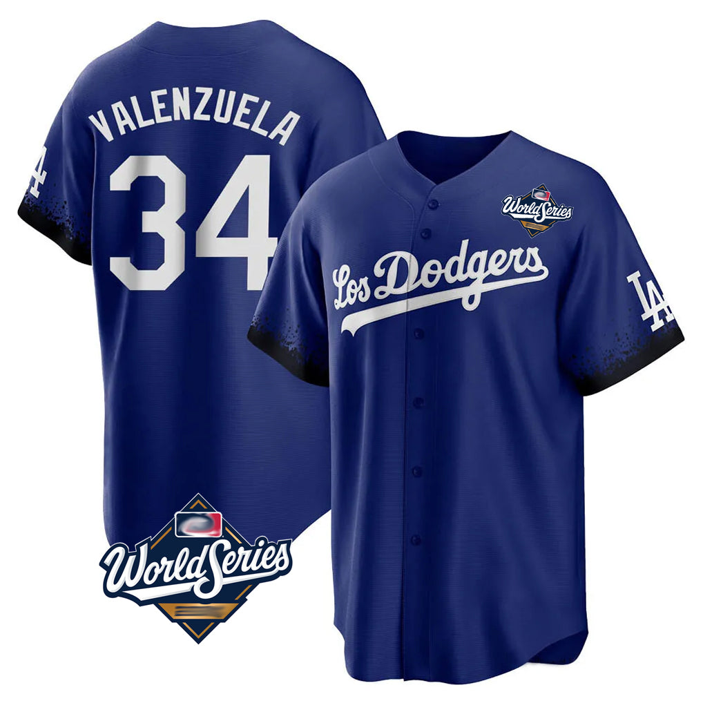 Silnrao LA.Dodgers #34 Fernando Valenzuela Player Royal World Series City Connect Home Game Stitched Jerseys