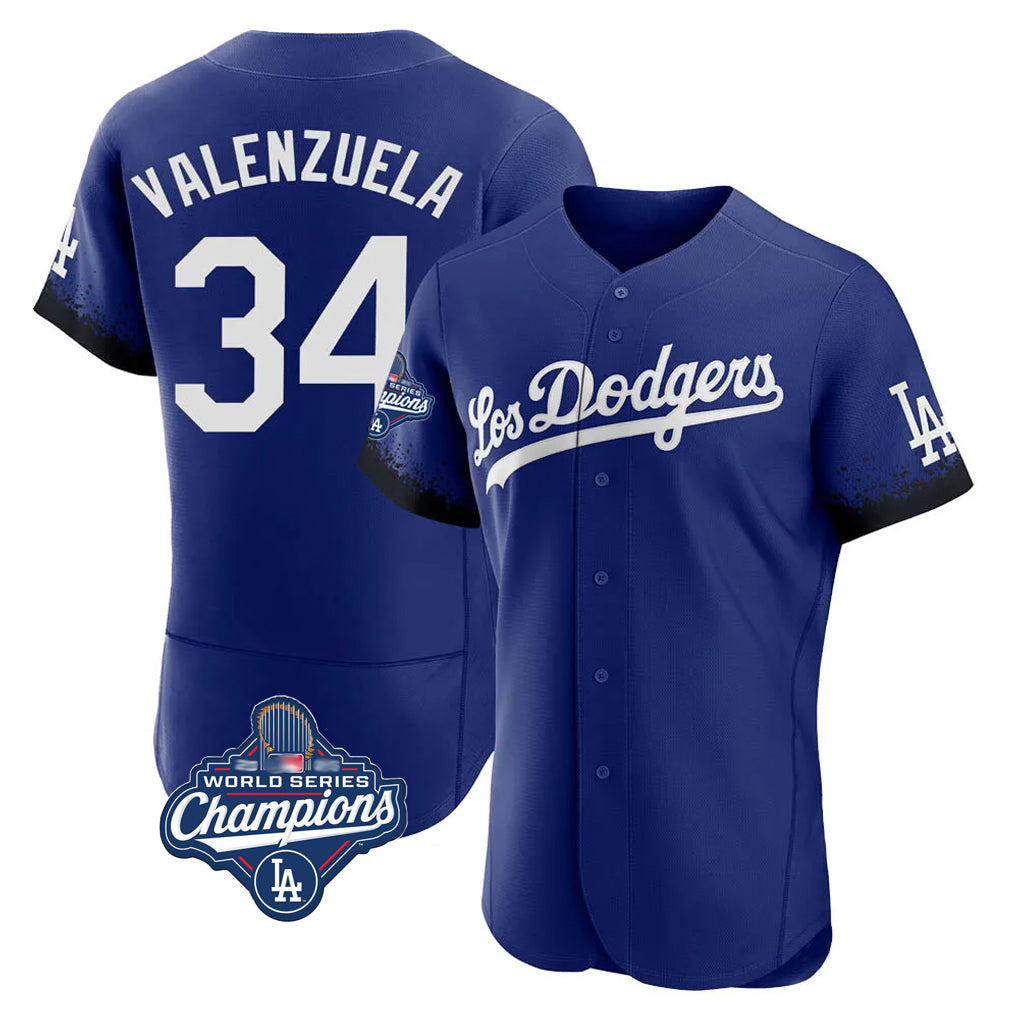 Silnrao LA.Dodgers #34 Fernando Valenzuela Player Royal World Series Meet City Connect Elite Home Stitched Jerseys