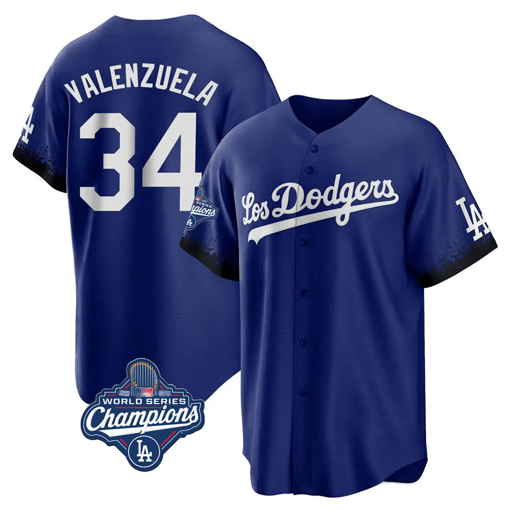 Silnrao LA.Dodgers #34 Fernando Valenzuela Player Royal World Series Meet City Connect Home Game Stitched Jerseys