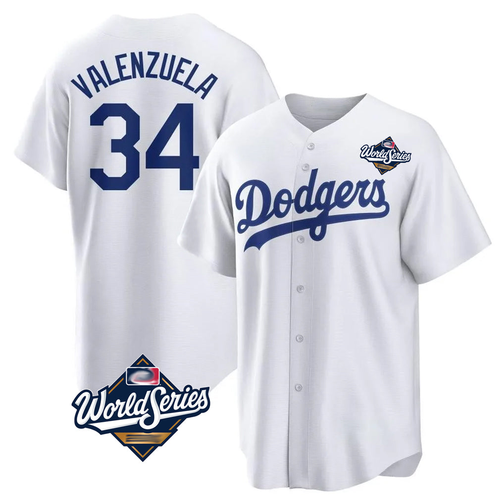 Silnrao LA.Dodgers #34 Fernando Valenzuela Player White World Series Game Home Stitched Jerseys