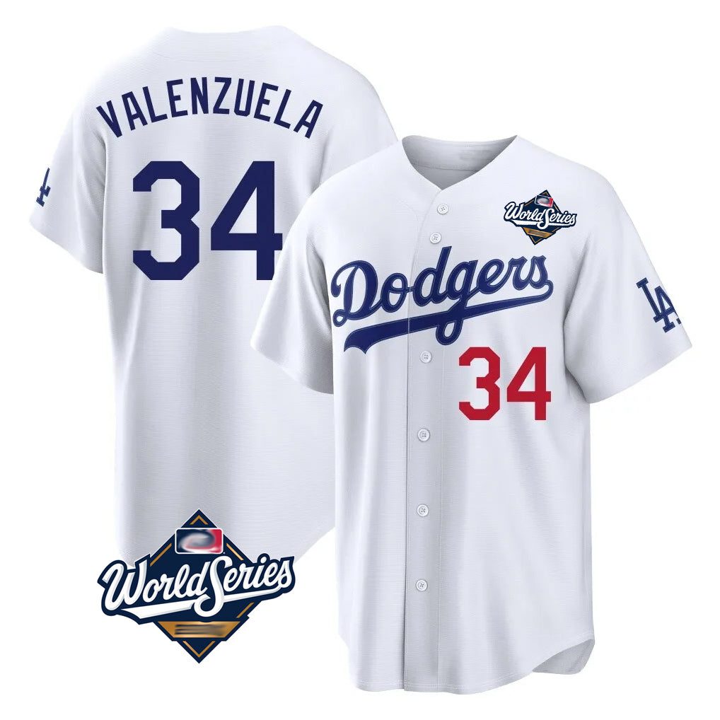 Silnrao LA.Dodgers #34 Fernando Valenzuela Player White World Series Home Game Stitched Jerseys