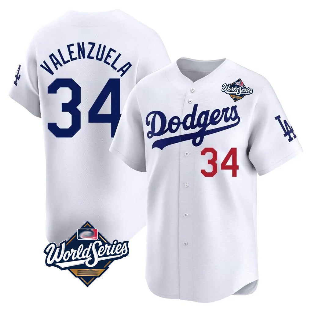Silnrao LA.Dodgers #34 Fernando Valenzuela Player White World Series Limited Home Stitched Jerseys