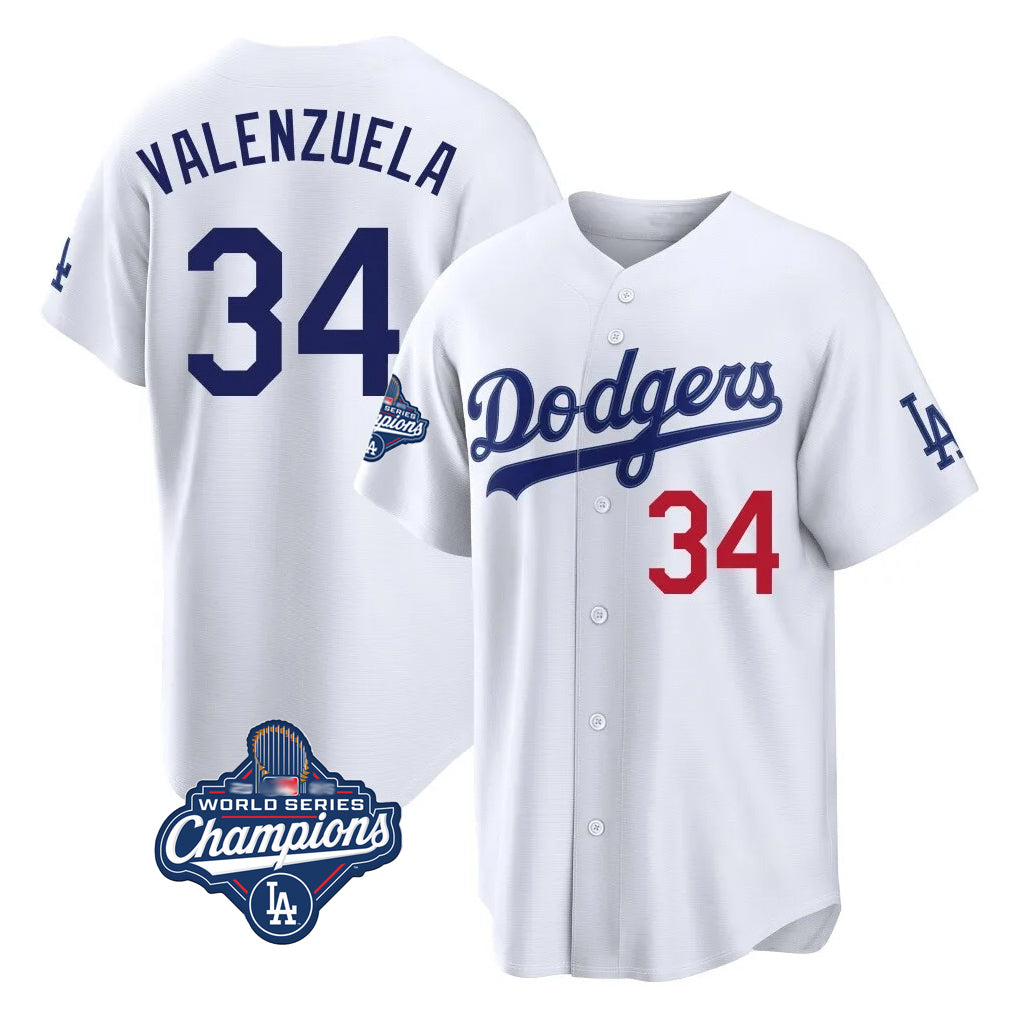 Silnrao LA.Dodgers #34 Fernando Valenzuela Player White World Series Meet Home Game Stitched Jerseys