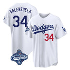 Silnrao LA.Dodgers #34 Fernando Valenzuela Player White World Series Meet Home Game Stitched Jerseys