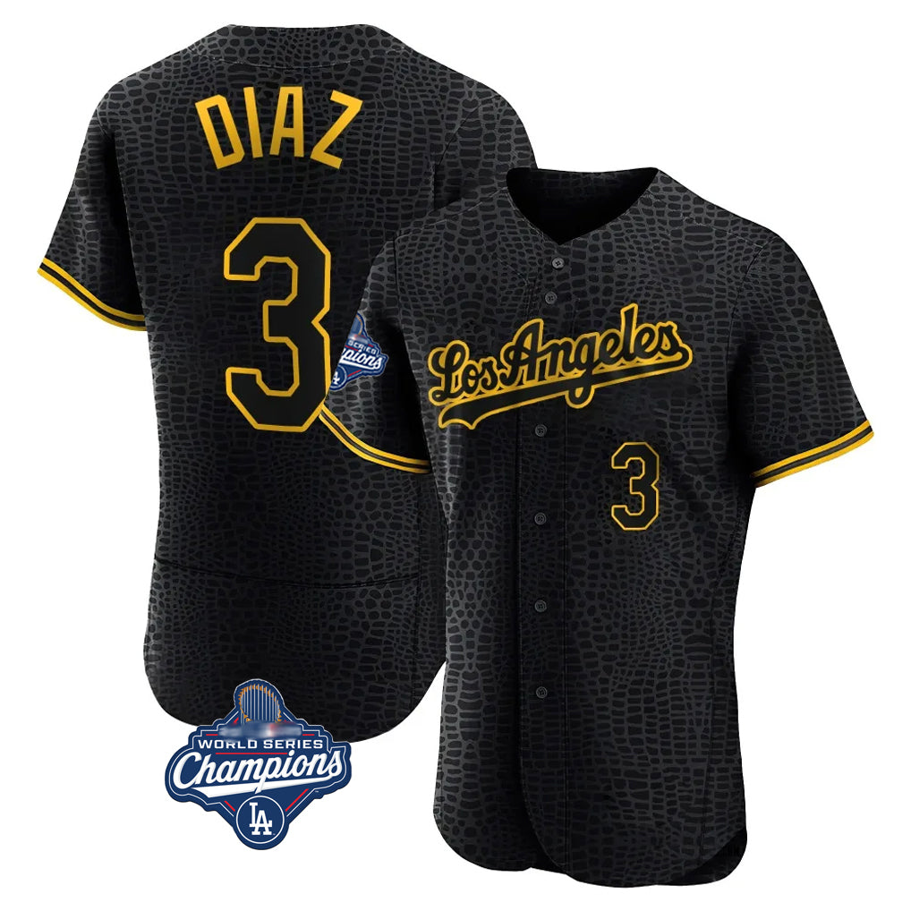 Silnrao LA.Dodgers #3 Edwin D¨ªaz Player Black World Series Meet Snake Skin City Limited Elite Home Stitched Jerseys