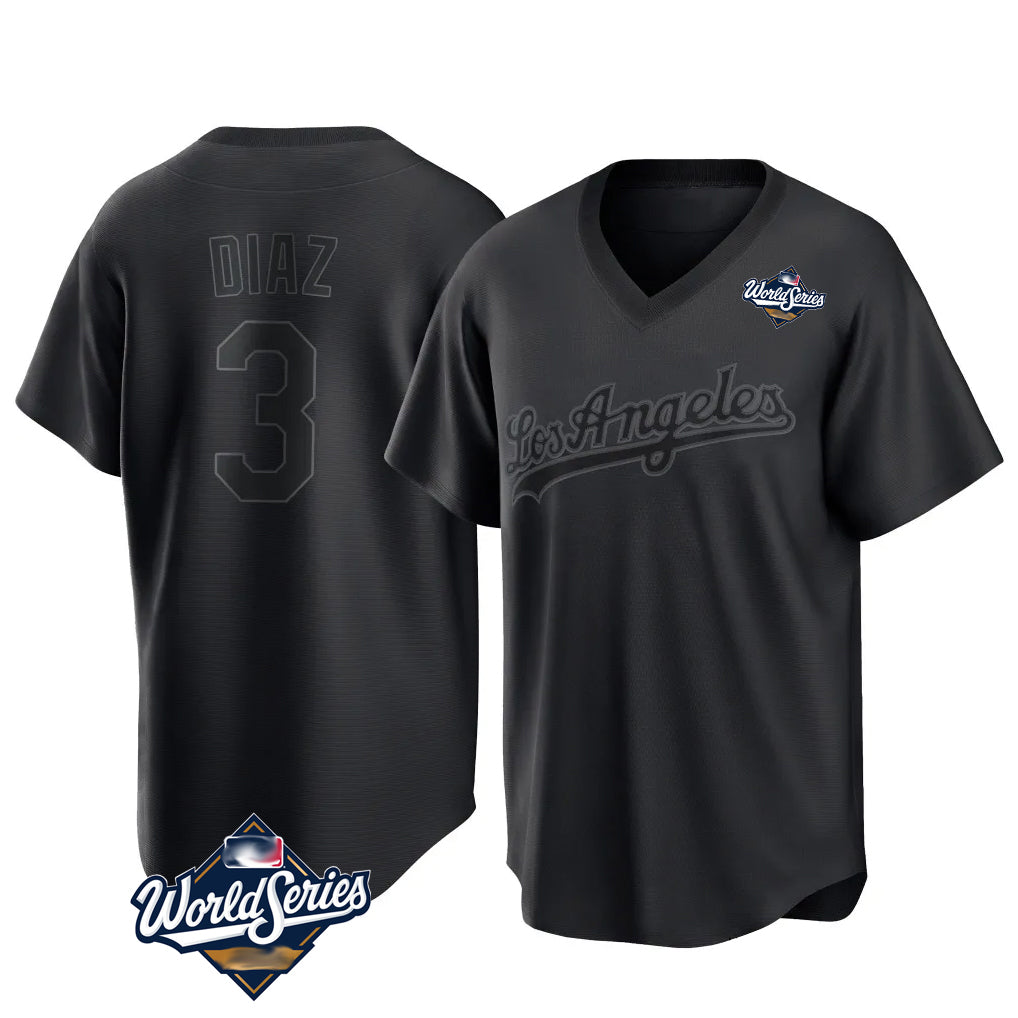 Silnrao LA.Dodgers #3 Edwin D¨ªaz Player Black World Series Pitch Fashion T-shirt Stitched Jerseys