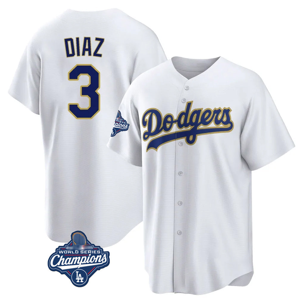 Silnrao LA.Dodgers #3 Edwin D¨ªaz Player Gold White World Series Meet 2026 Collection Stadium Game Stitched Jerseys