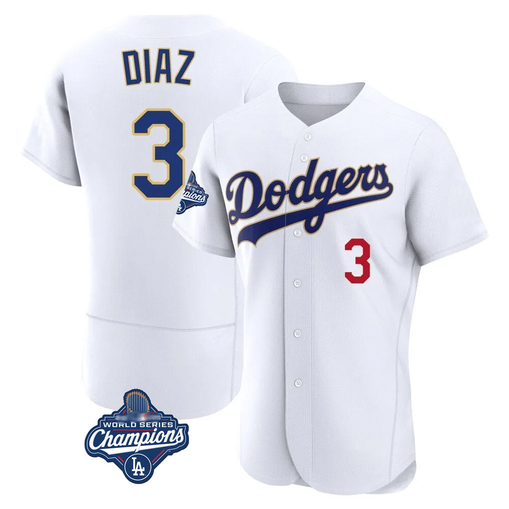 Silnrao LA.Dodgers #3 Edwin D¨ªaz Player Gold White World Series Meet 2026 Collection Stadium Limited Elite Stitched Jerseys