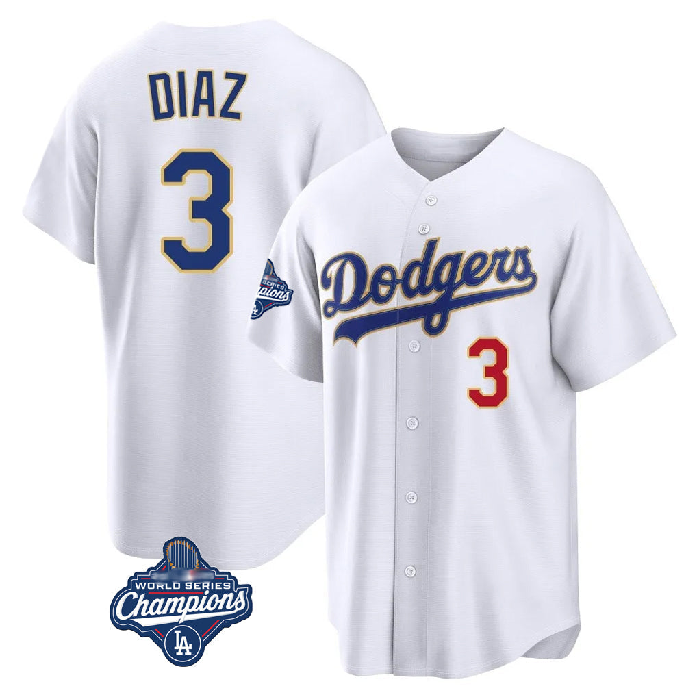 Silnrao LA.Dodgers #3 Edwin D¨ªaz Player Gold White World Series Meet 2026 Collection Stadium Limited Stitched Jerseys