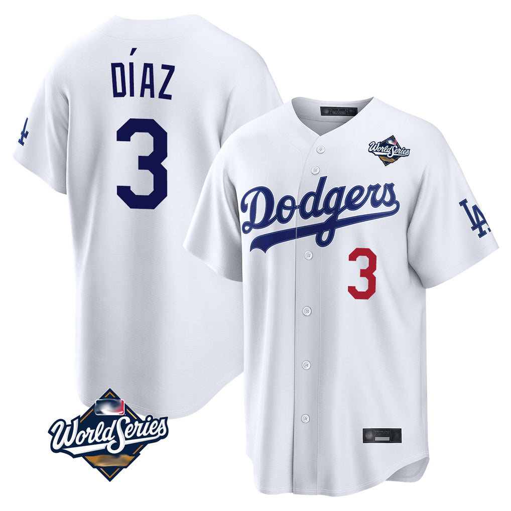 Silnrao LA.Dodgers #3 Edwin D¨ªaz Player White World Series Home Game Stitched Jerseys