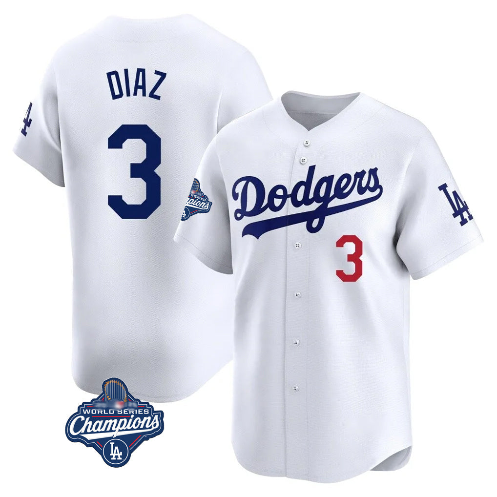 Silnrao LA.Dodgers #3 Edwin D¨ªaz Player White World Series Meet Limited Home Stitched Jerseys