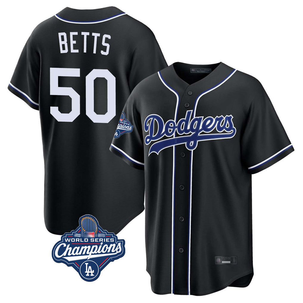 Silnrao LA.Dodgers #50 Mookie Betts Player Black World Series Meet Carbon Limited Home Stitched Jerseys