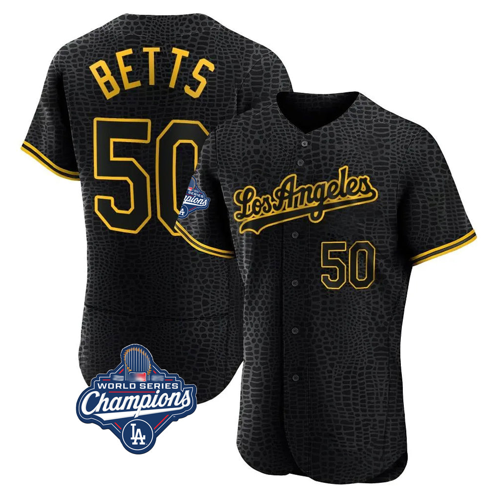 Silnrao LA.Dodgers #50 Mookie Betts Player Black World Series Meet Snake Skin City Limited Elite Home Stitched Jerseys