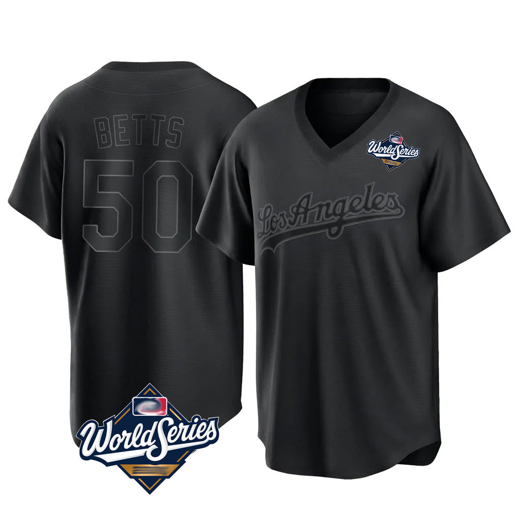 Silnrao LA.Dodgers #50 Mookie Betts Player Black World Series Pitch Fashion T-shirt Stitched Jerseys