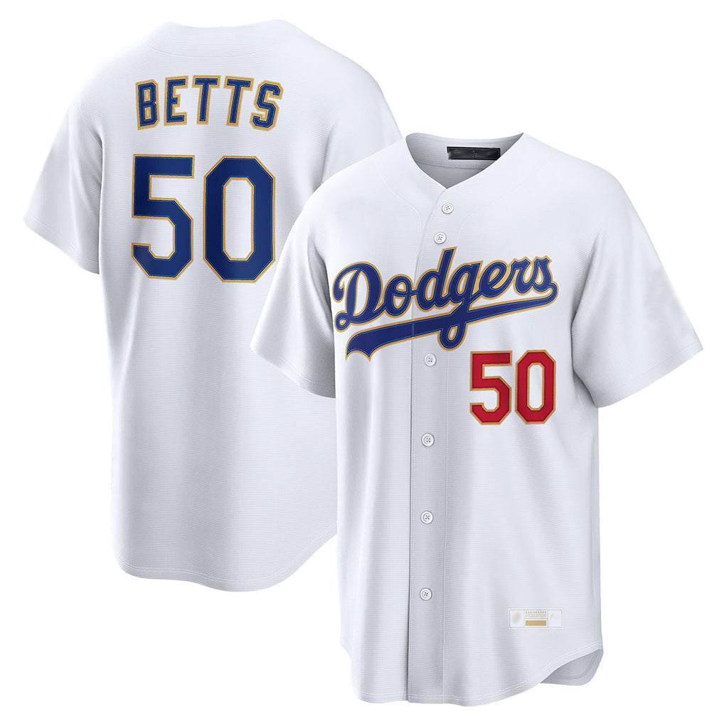 Silnrao LA.Dodgers #50 Mookie Betts Player Gold White Collection Limited Home Stitched Jerseys