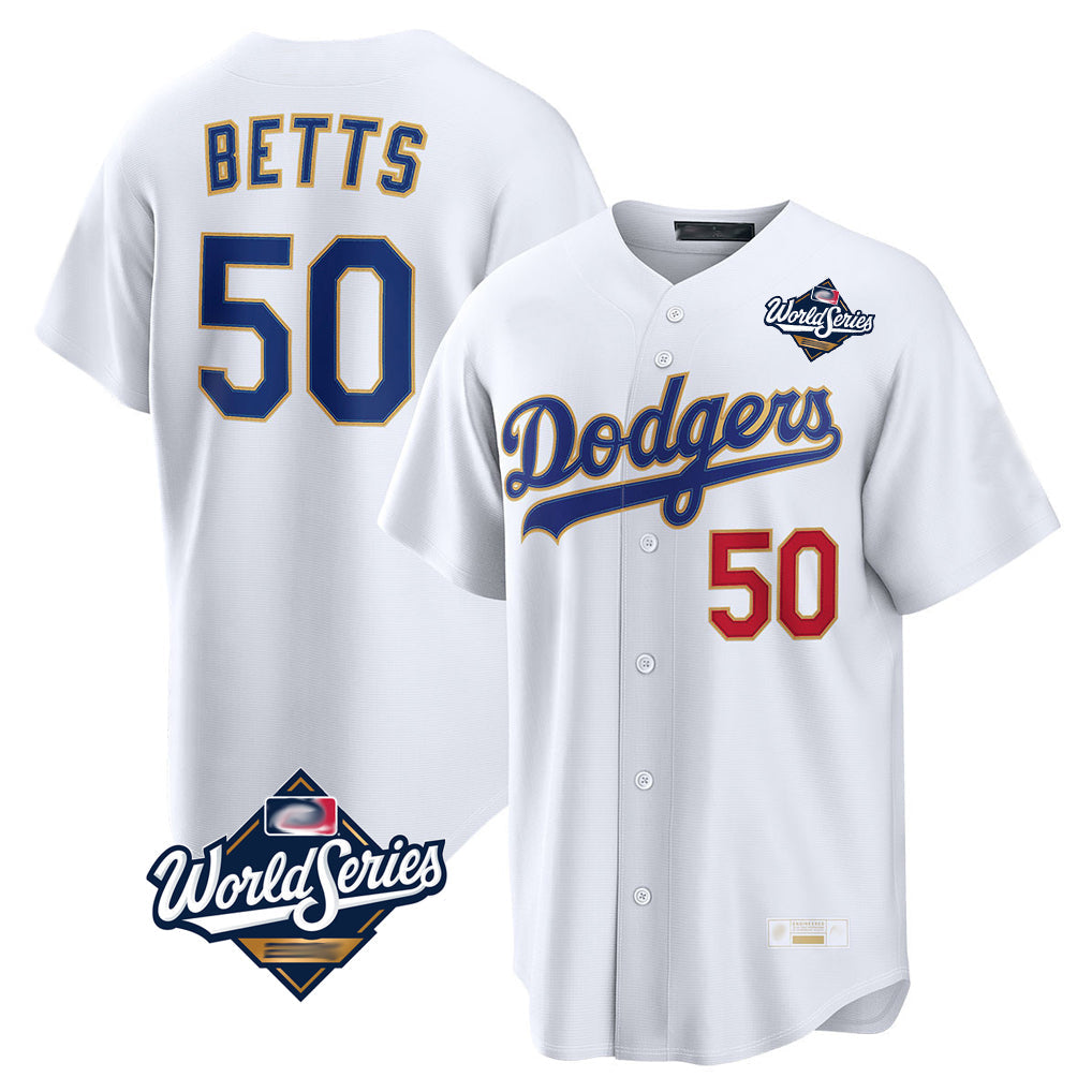 Silnrao LA.Dodgers #50 Mookie Betts Player Gold White World Series Collection Limited Home Stitched Jerseys