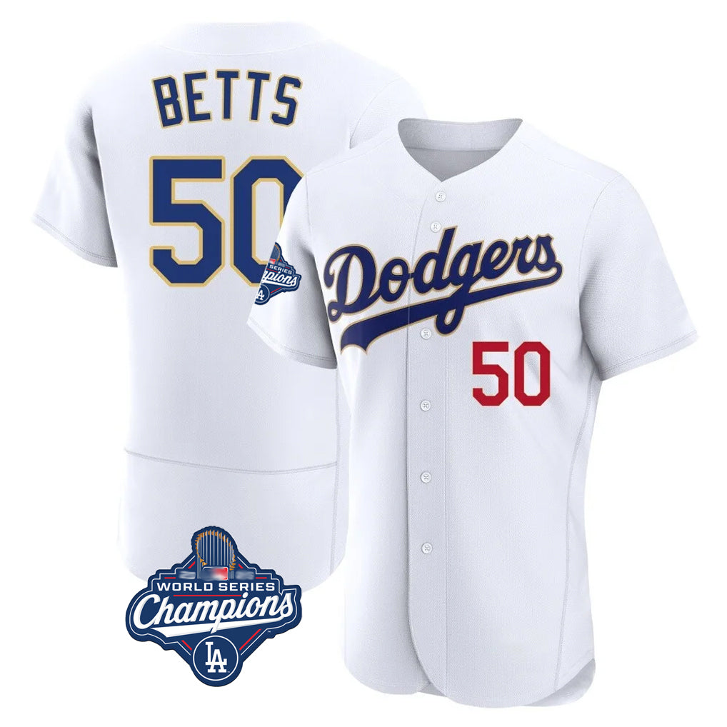 Silnrao LA.Dodgers #50 Mookie Betts Player Gold White World Series Meet 2026 Collection Stadium Limited Elite Stitched Jerseys