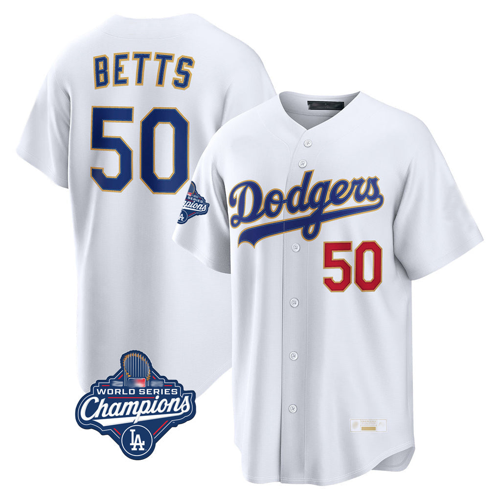 Silnrao LA.Dodgers #50 Mookie Betts Player Gold White World Series Meet Collection Limited Home Stitched Jerseys