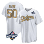 Silnrao LA.Dodgers #50 Mookie Betts Player Gold World Series Collection Limited Home Stitched Jerseys
