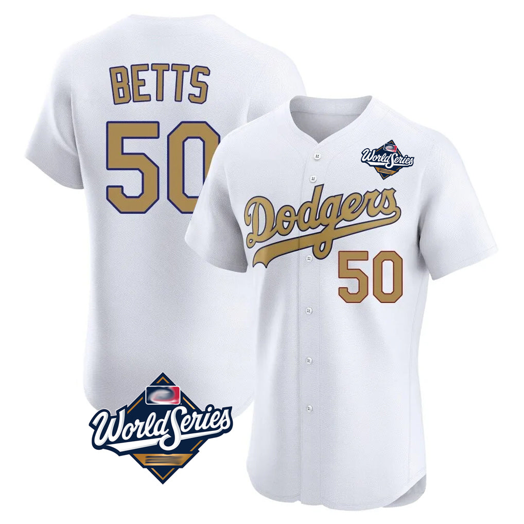Silnrao LA.Dodgers #50 Mookie Betts Player Gold World Series Limited Elite Home Stitched Jerseys